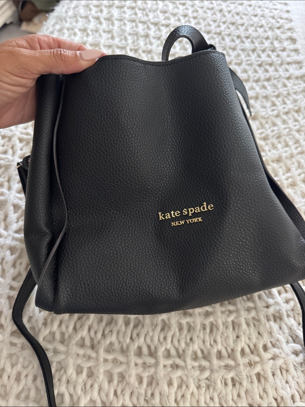 kate spade Black Pebbled Leather Drawstring Backpack with Gold Logo